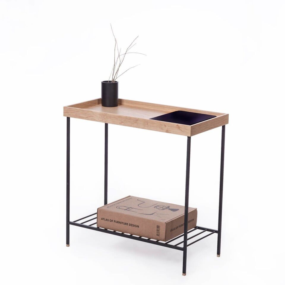 Masif Ahşap Geniş Yan Sehpa / Saksılık – EDGE Serisi, Renkli Metal Ayaklı Raw - SİYAH