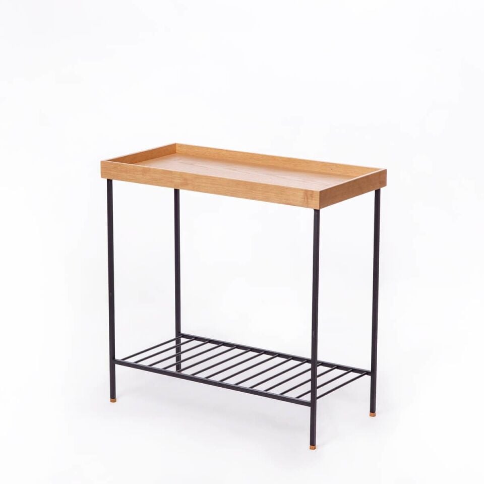 Masif Ahşap Geniş Yan Sehpa / Saksılık – EDGE Serisi, Renkli Metal Ayaklı Honey - SİYAH