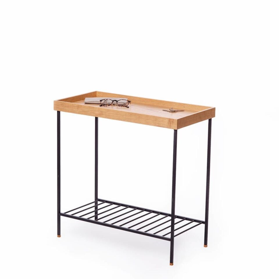 Masif Ahşap Geniş Yan Sehpa / Saksılık – EDGE Serisi, Renkli Metal Ayaklı Honey - SİYAH