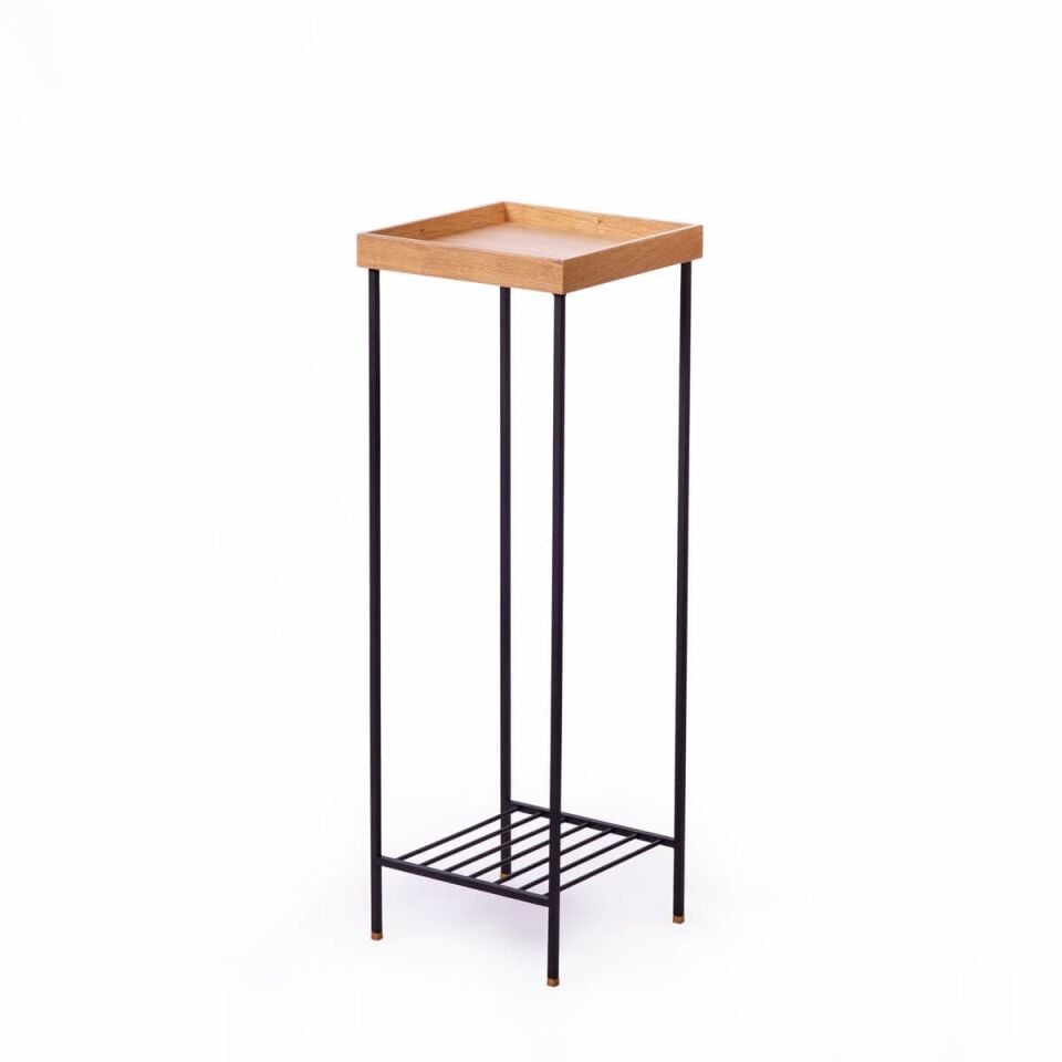 Masif Ahşap Uzun Yan Sehpa / Saksılık – EDGE Serisi, Renkli Metal Ayaklı Honey - SİYAH