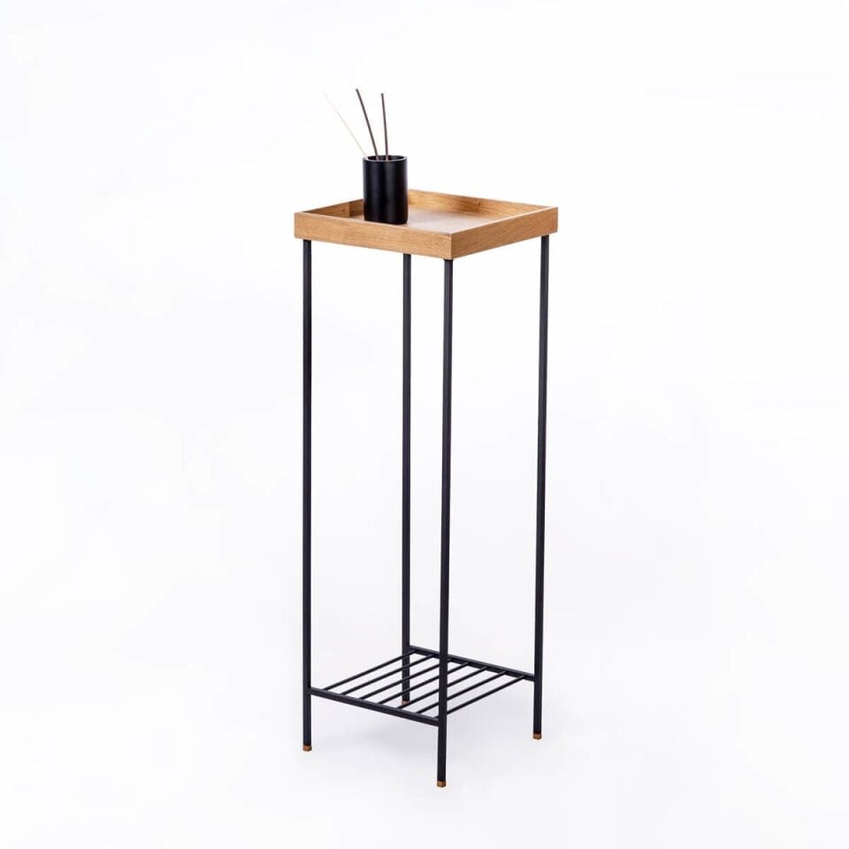 Masif Ahşap Uzun Yan Sehpa / Saksılık – EDGE Serisi, Renkli Metal Ayaklı Honey - SİYAH