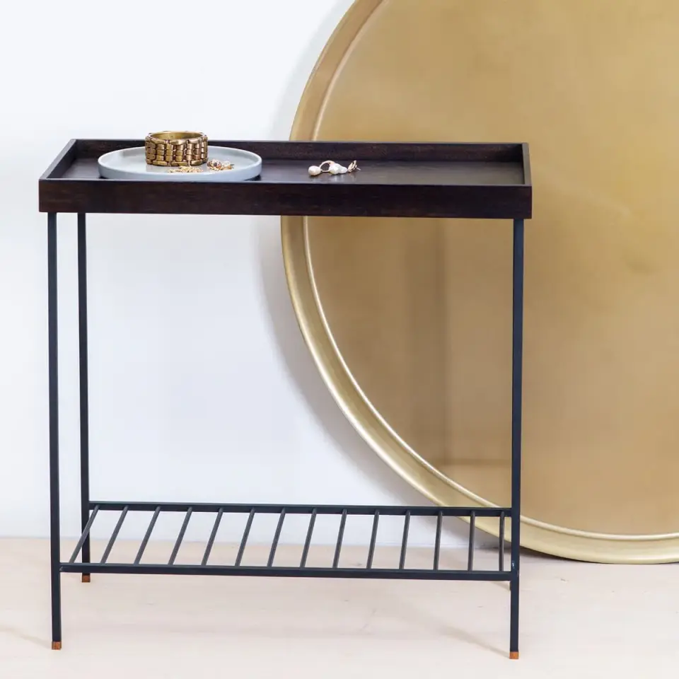 Masif Ahşap Geniş Yan Sehpa / Saksılık – EDGE Serisi, Renkli Metal Ayaklı Dark - SİYAH